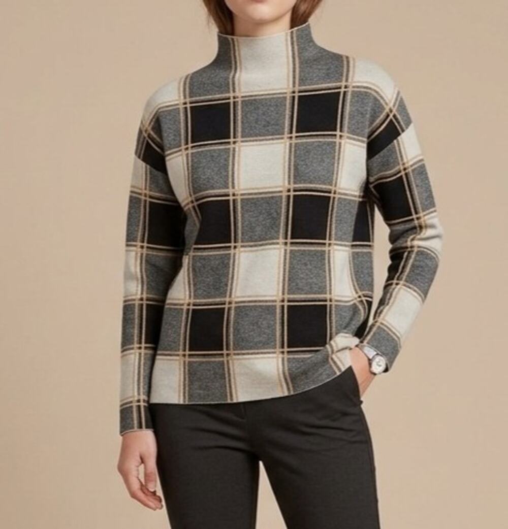 Tahari Plaid Mock Neck Knit Sweater - Size Large
